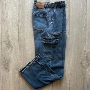 NAF NAF High Rise Wide Leg Blue Denim Cargo Jeans